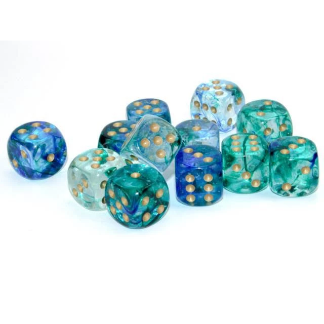 Chessex Tabletop Nebula Oceanic/Gold 16mm D6 Dice Block (12 Dice) 4 Chessex Tabletop Nebula Oceanic/Gold 16mm D6 Dice Block (12 Dice)