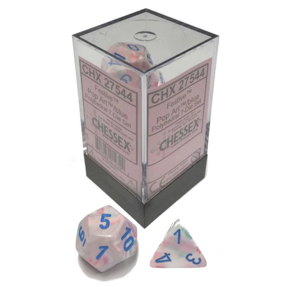 Chessex Tabletop Festive Pop Art W/ Blue Polyhedral 7 Dice Set 4 Chessex Tabletop Festive Pop Art W/ Blue Polyhedral 7 Dice Set
