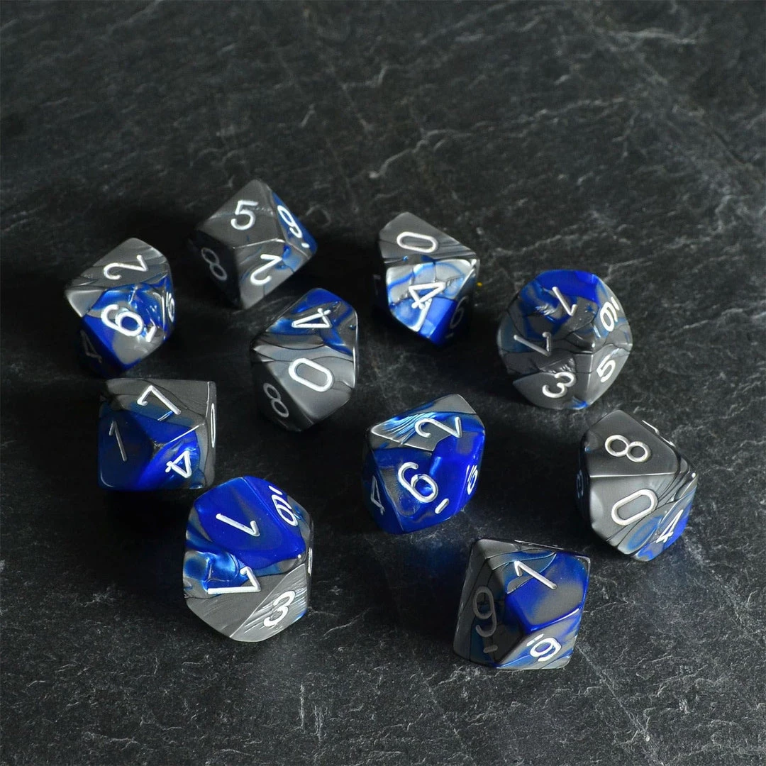 Chessex Gemini D10 Set Blue/Steel/White Tabletop 3 Chessex Gemini D10 Set Blue/Steel/White Tabletop